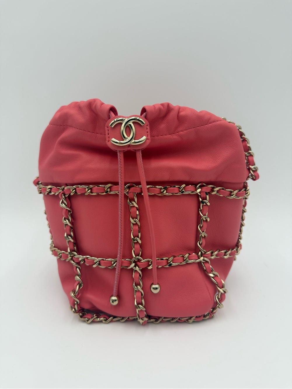 CHANEL Pink Chain Drawstring Bag Authentic